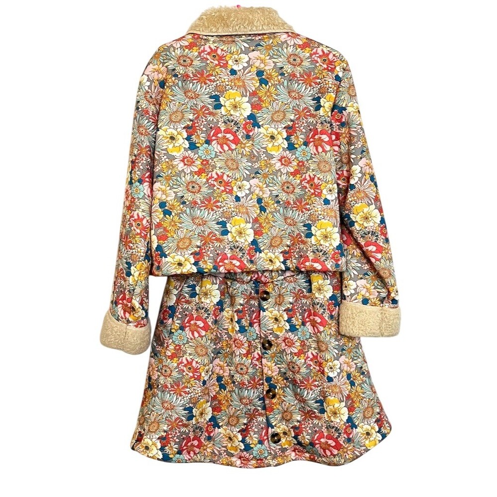 Girls Boho Floral Jacket & Button Skirt Set Picture Day Fall Winter Cozy Holiday - Picture 2 of 9